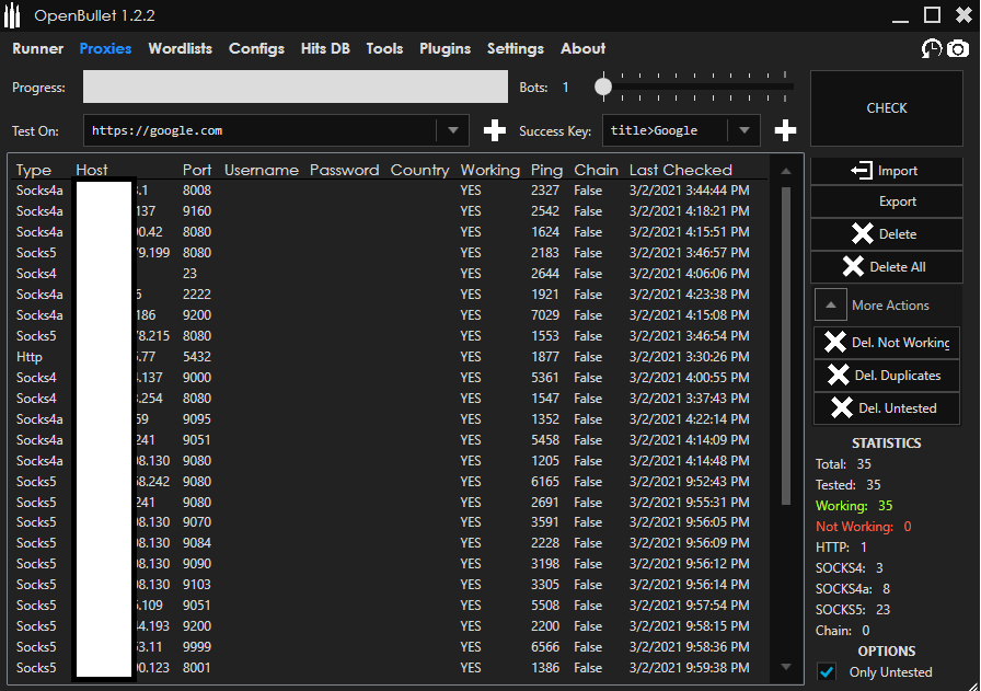OpenBullet’s proxies tab, which features several proxies on different protocols or ports