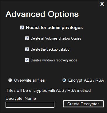 Figure 6. The advanced options for Chaos version 3.0, including the option to encrypt files via the AES/RSA method and the decrypter builder function