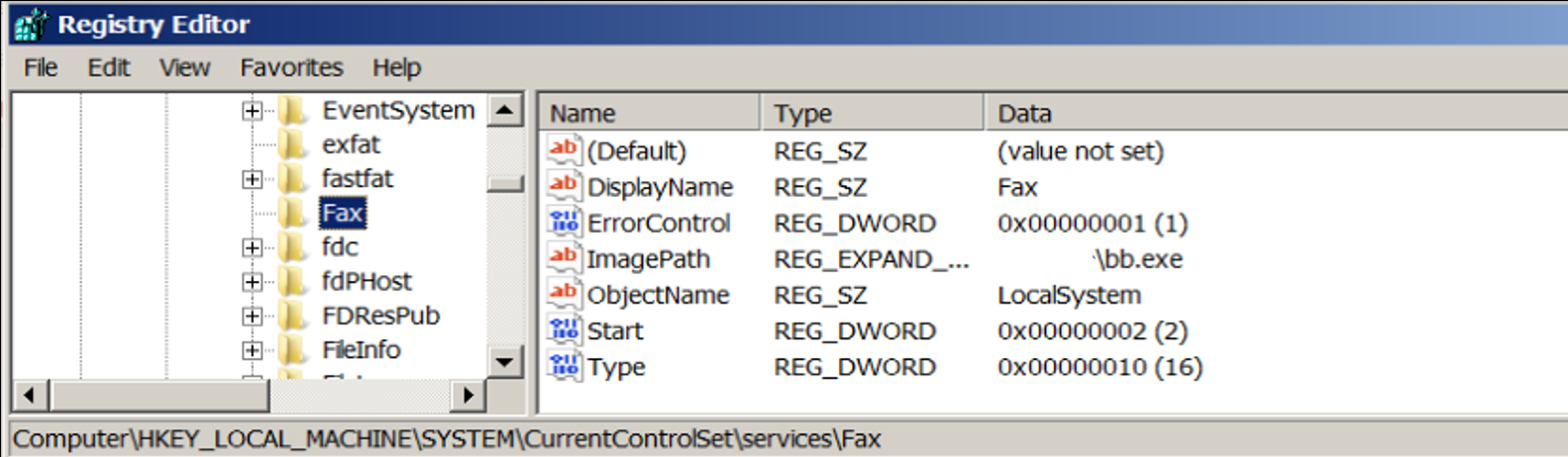 Figure 15. New registry key created for the new “Fax” service that replaces the deleted service