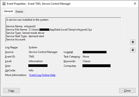 Figure 20. The properties of Windows Event Log (System) – 7045