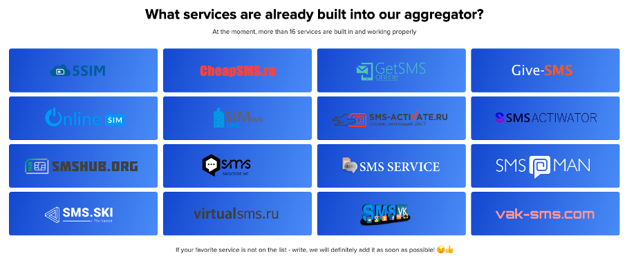 Figure 6. Kopeechka works with 16 different online SMS services.