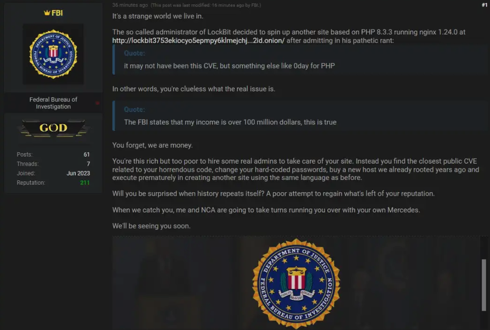A post by a user in a cybercrime forum questioning LockBitSupp’s use of PHP for its new site