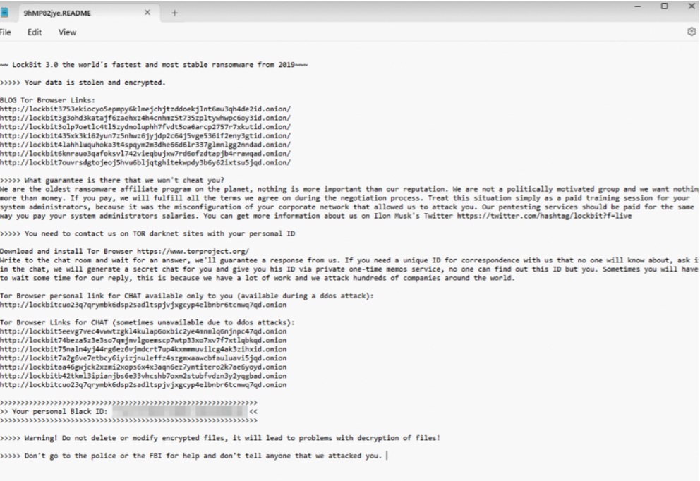 LockBit ransom note that points to a new Onion site
