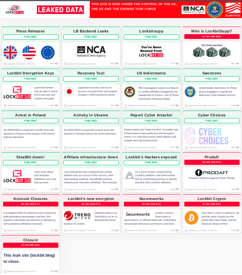 LockBit’s leak site showing countdown timers to Operation-Cronos-related articles being published