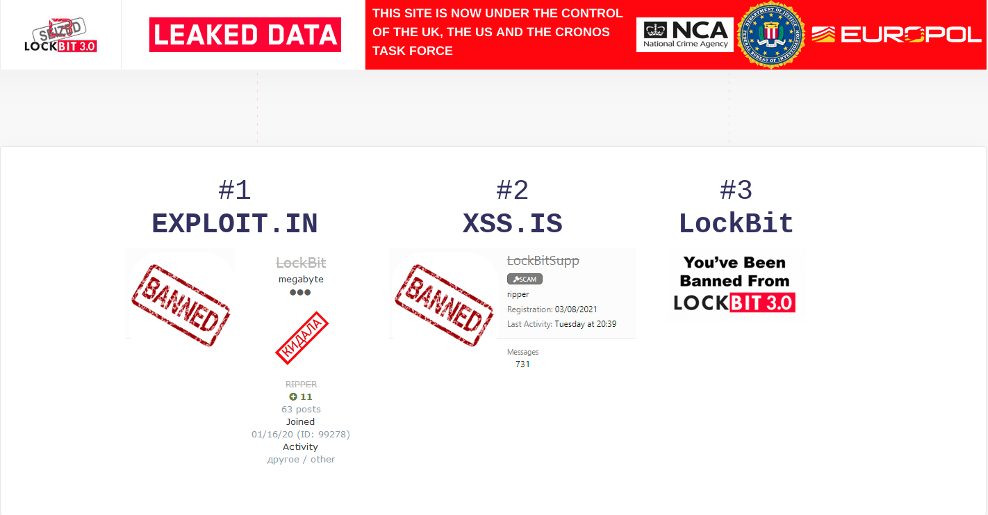 LockBit leak site showing that LockBitSupp was banned from Exploit.in, XSS.is, and now the LockBit leak site