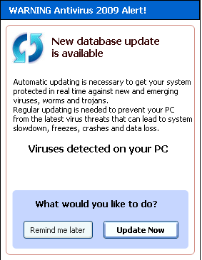 図2. 「Antivirus 2009」によるウイルス検出とアップデートを促す画面