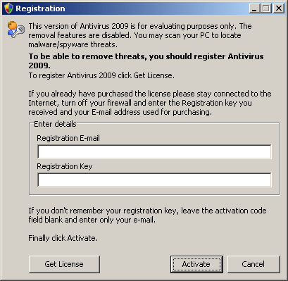 図5. 「Antivirus 2009」のユーザ登録画面
