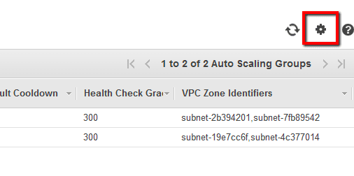 Open the ASG dashboard Show/Hide Columns dialog box by clicking the configuration icon