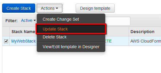 Click the Action dropdown menu from the dashboard top menu and select Update Stack