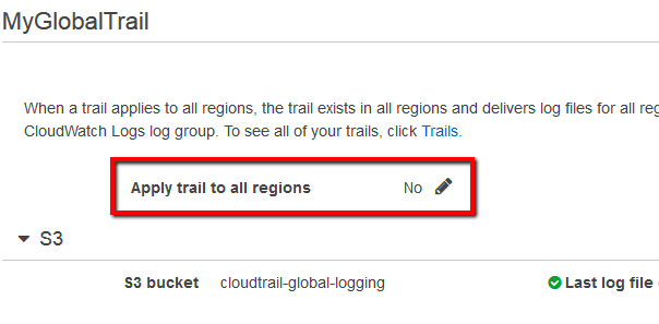Apply trail to all regions status set to no