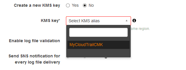Otherwise select No to use an existing CMK encryption key available in the region