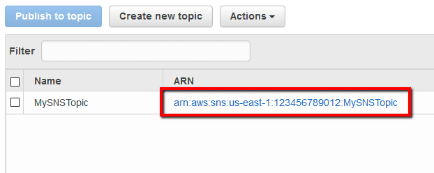 Select the newly created SNS topic by clicking on its ARN name