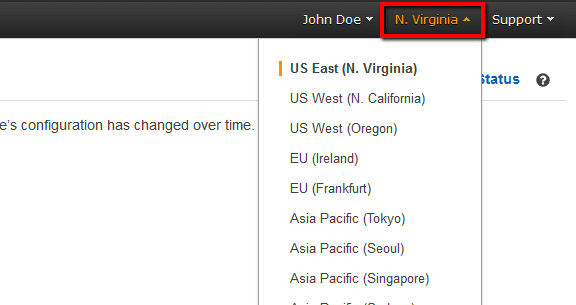 Change the AWS region from the navigation bar