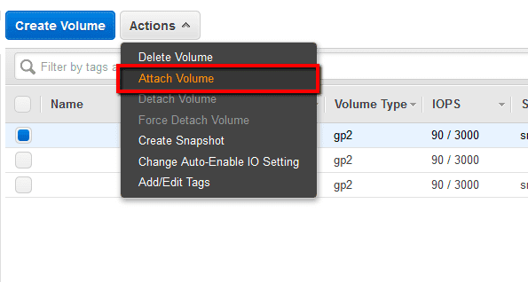 Click the Actions dropdown button from the EBS dashboard top menu and select Attach Volume