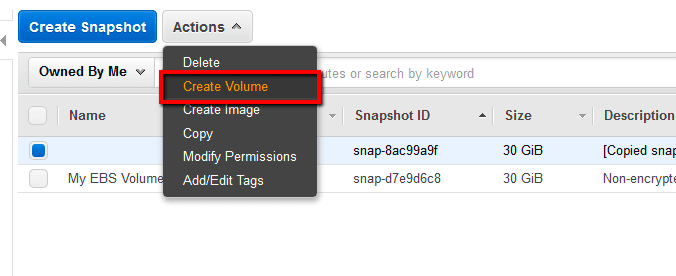  Click the Actions dropdown button from the EBS dashboard top menu and select Create Volume
