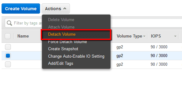  Click the Actions dropdown button from the EBS dashboard top menu and select Detach Volume