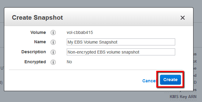 In the Create Snapshot dialog box, provide a name and a description for the snapshot (optional) and click Create