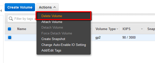 Click the Actions dropdown button from the EBS dashboard top menu and select Delete Volume