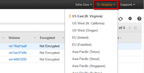 Change the AWS region from the navigation bar