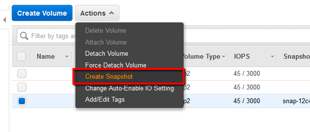 Click Actions dropdown button from the dashboard top menu and select Create Snapshot