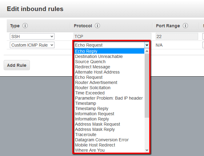 Verify the value available in the Source column for any inbound/ingress rules with the Protocol set to ICM