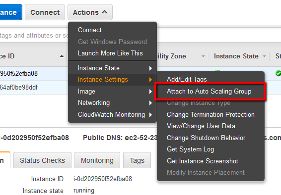 select Instance Settings and verify the Attach to Auto Scaling Group command link state