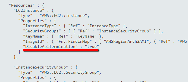 setting the 'DisableApiTermination' attribute to 'true' in the Properties section of your EC2 Resources definition