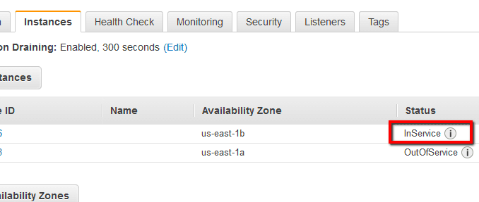 In the instances table search for any healthy instance with the current status set to InService