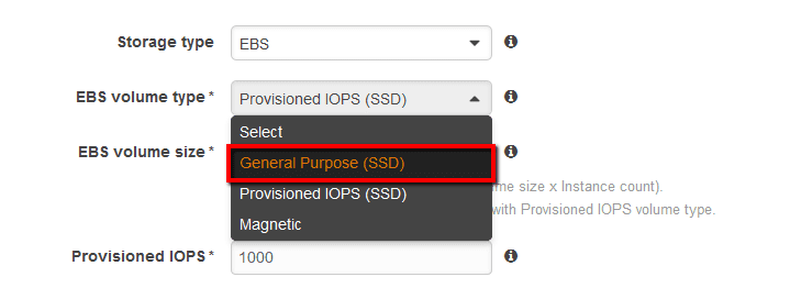 select General Purpose (SSD) from the EBS volume type dropdown list