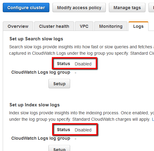 Search slow logs and/or index slow logs is set to Disabled