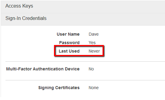 check the Last Used attribute value to determine the user password last used date. If the current value is set to Never