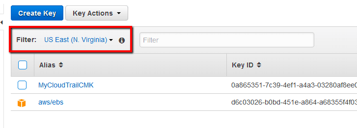 Select the appropriate AWS region from the Filter menu