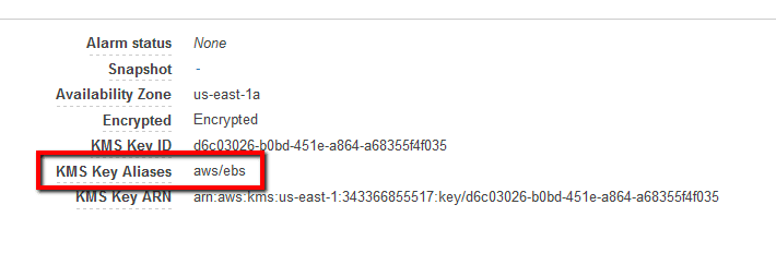 search for the volume KMS Key Aliases value