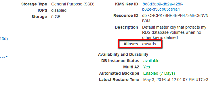 If the current status is set to Yes and the KMS key alias is aws/rds