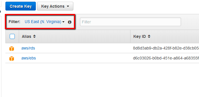 Select the appropriate AWS region from the Filter menu