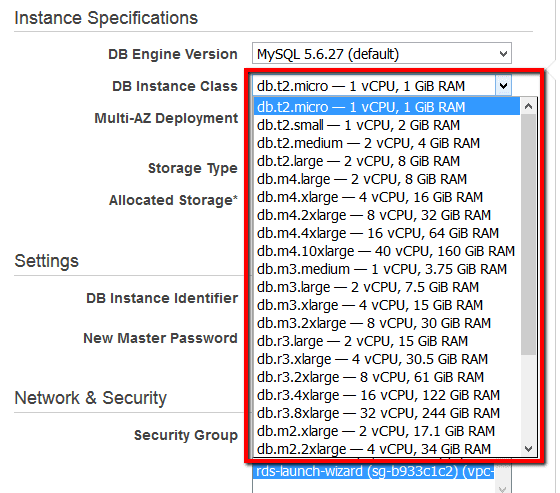 select the previous generation instance type equivalent from the DB Instance Class dropdown list