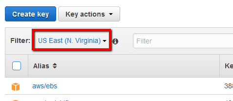 Select the appropriate AWS region from the Filter menu