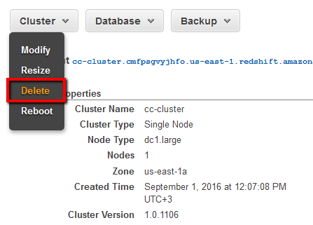  click the Cluster dropdown button from the dashboard main menu then select Delete from the dropdown list