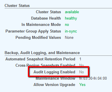 In the Backup, Audit Logging and Maintenance section, verify the Audit Logging Enabled status