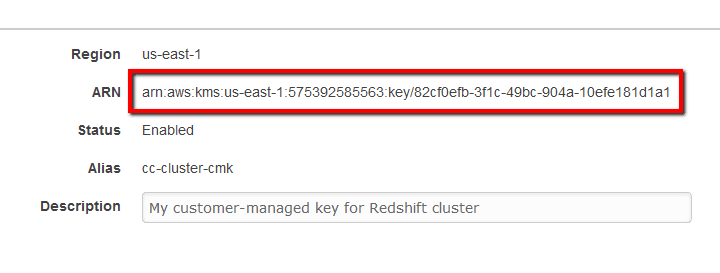newly created CMK alias link and copy the key full ARN displayed in the Summary section