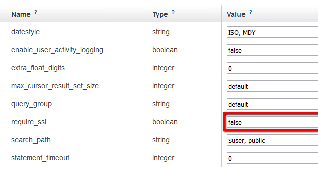 On the Parameters tab, verify the require_ssl parameter value