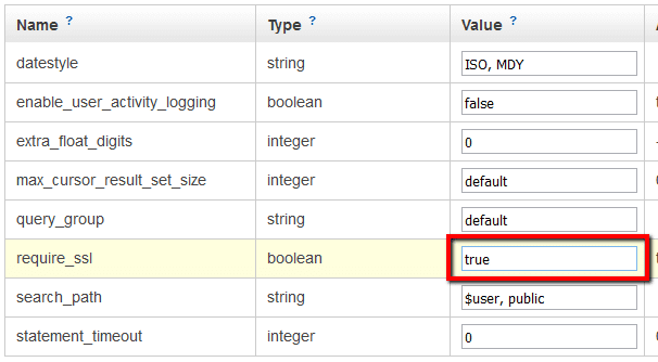 Identify the require_ssl parameter and change its current value from false to true