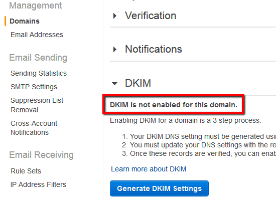 DKIM is not enabled for this identity.