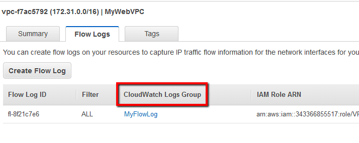 click on the log group name listed under the CloudWatch Logs Group column