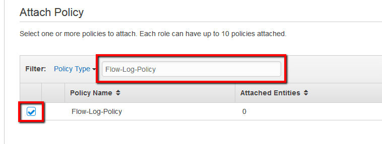 Search for the policy name created earlier and select it