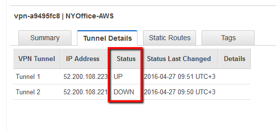 Select Tunnel Details tab from the bottom panel and verify the connection tunnels status