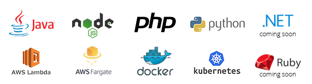(言語) Java、NodeJS、PHP、Python、.Net (「近日」ラベル)、Ruby (「近日」 ラベル) (プラットフォーム) AWS Lambda、AWS Fargate、コンテナおよびオーケストレーションプラットフォーム (KubernetesおよびDockerロゴ)