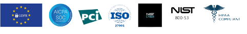 logotipos de cumplimiento para GDPR, NIST 800-53, SOC 2, Marco de ciberseguridad del NIST, PCI, ISO 27001 e HIPPA