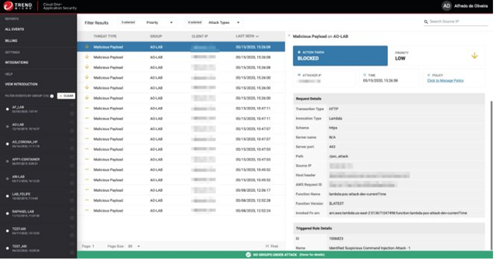 Figure 2. The Application Security console is able to detect the command injection attack.