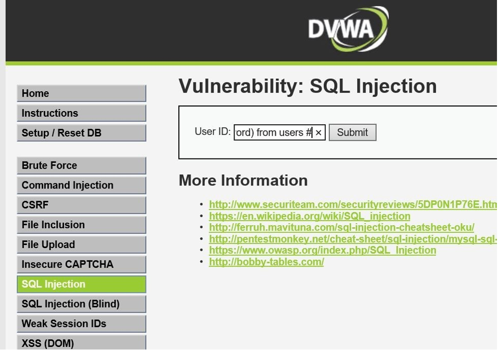 Figure 9. The SQL injection attack submitted to the container-based application